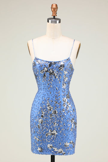 Sparkly Sheath Spaghetti Straps Grey Blue Selenteys Short Homecoming Dress with Criss Cross Back